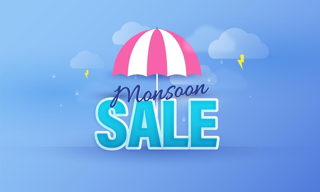 Monsoon vendita banner design con ombrello temporali su sfondo blu