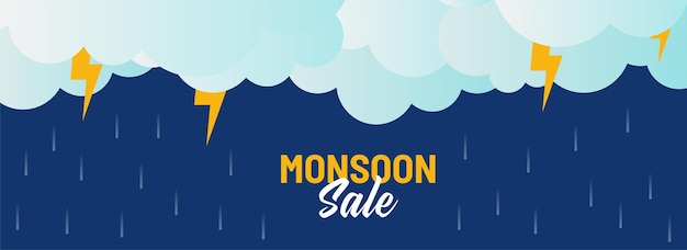 Vector monsoon sale banner of header design met onweersbuien op blauwe achtergrond