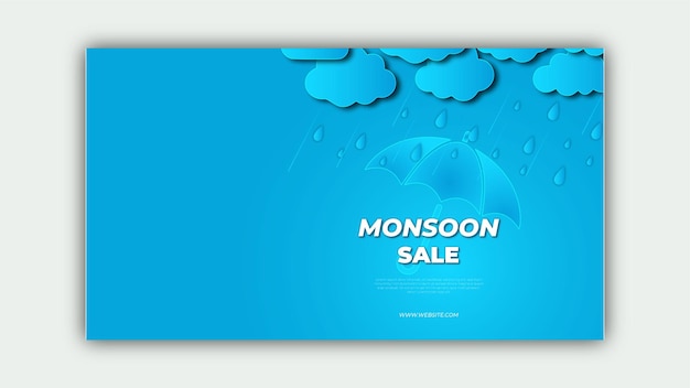 Monsoon sale banner template design with clouds and umbrella on blue background on overcast sky