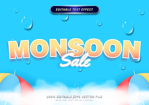 Monsoon sale редактируемый текстовый эффект фона с каплями дождя и зонтиками для сезонных покупок