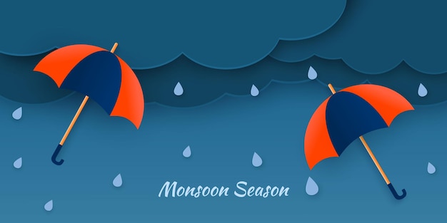 Monsoon sale offer banner template header with paper cut clouds and colorful umbrella on dark background Thunder Sky Raindrops Vector