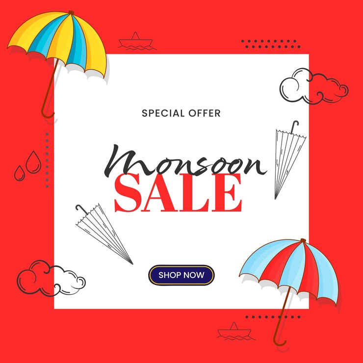 वेक्टर monsoon sale poster design with umbrellas clouds on white and red background