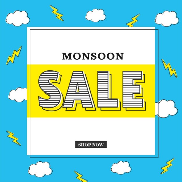 Monsoon Sale posterontwerp met wolken bliksemschichten versierd op witte en blauwe achtergrond