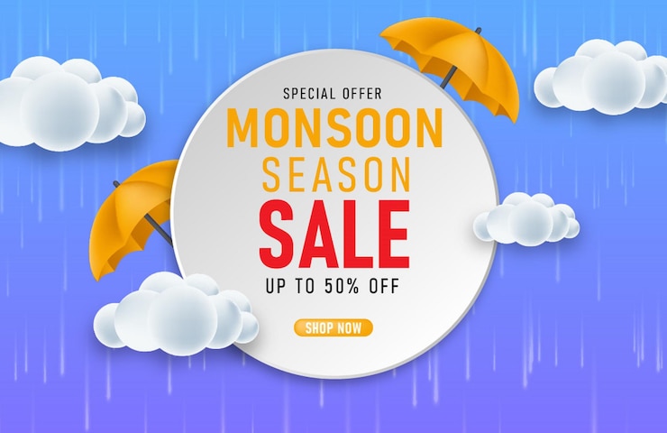 Vector monsoon sale season composition with clouds and rain design