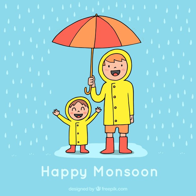 Monsoon season background with rain and umbrella