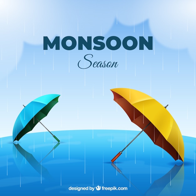 Monsoon season background with realistic umbrellas