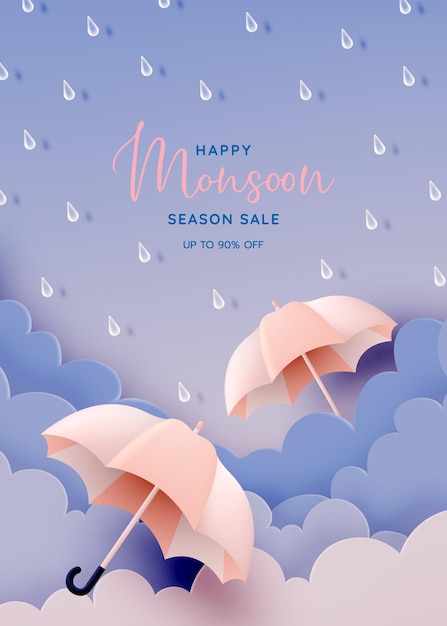 Продажа баннеров сезона дождей с пастельной цветовой схемой и векторной иллюстрацией в стиле бумажного искусства