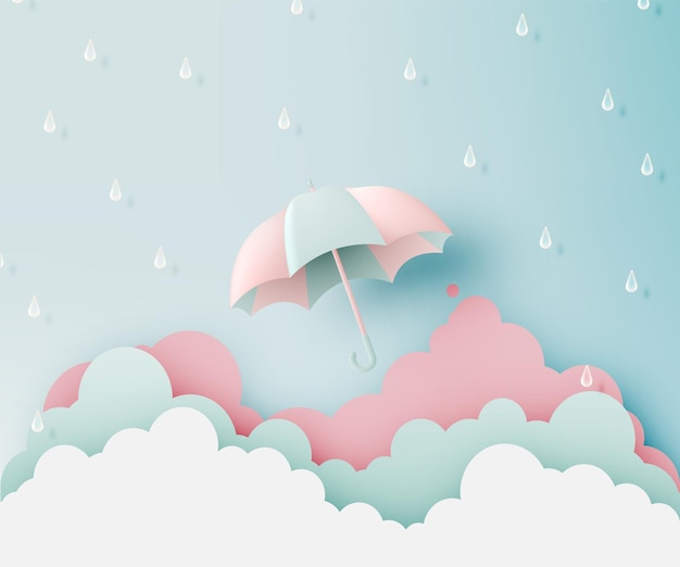 Monsoon season banner sale with pastel color scheme and paper art style vector illustration