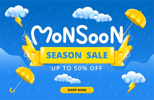Распродажа баннеров сезона муссонов с дизайном подиума с 3d облаками, молниеносными желтыми зонтиками