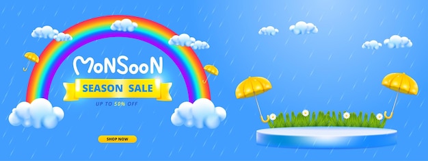 Monsoon season banner sale with podium Design with 3d clouds lightning yellow umbrellas