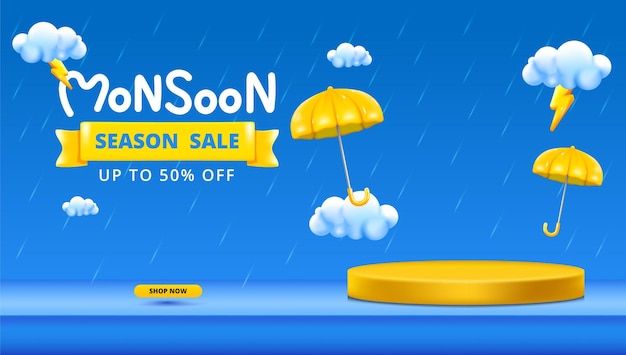 3d 구름 번개 노란색 우산이 있는 연단 디자인이 포함된 몬순 시즌 배너 판매
