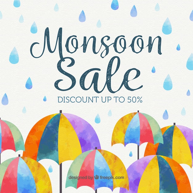 Vector monsoon season sale background with umbrellas