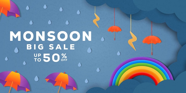 Vector monsoon season sale banner poster promotion in paper cut art