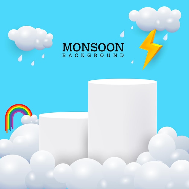 Podio di esposizione del prodotto a tema monsone circondato da nuvole arcobaleno e gocce di pioggia sul cielo blu