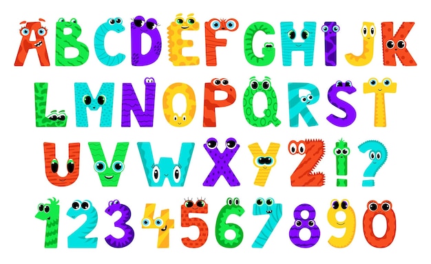 몬스터 알파벳입니다. 귀여운 만화 글꼴입니다. 흰색 배경에 고립 된 편지의 집합