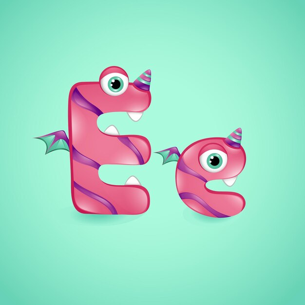 Monster alphabet letter E on blue background. Colourful ABC of cute monsters