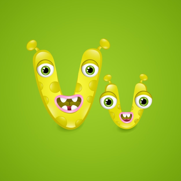 Vector monster alphabet letter v on green background. colourful abc of cute monsters . vector illustration