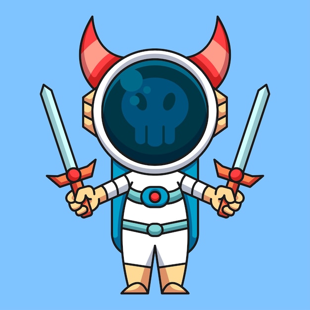 Астронавт-монстр с двумя мечами милый мультфильм значок иллюстрации