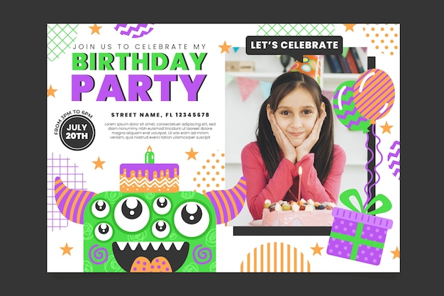 Vector monster birthday invitation template with photo