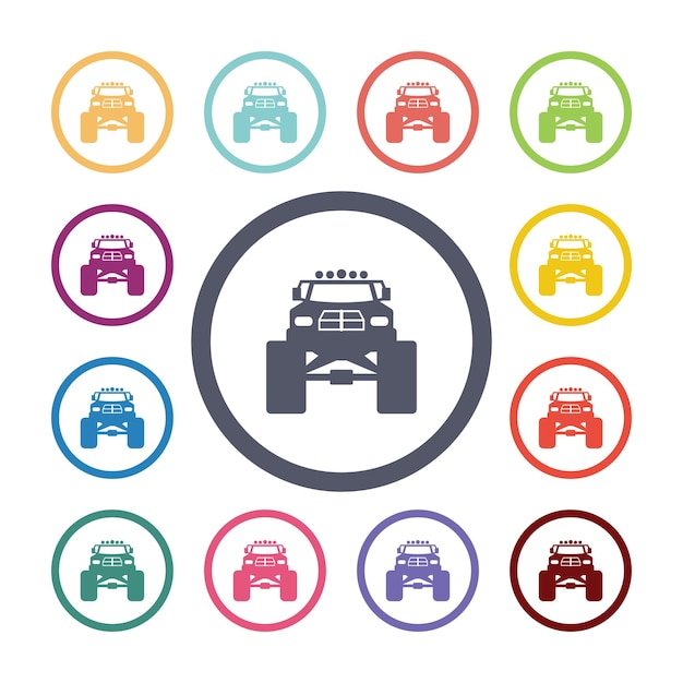 Monster car flat icons set