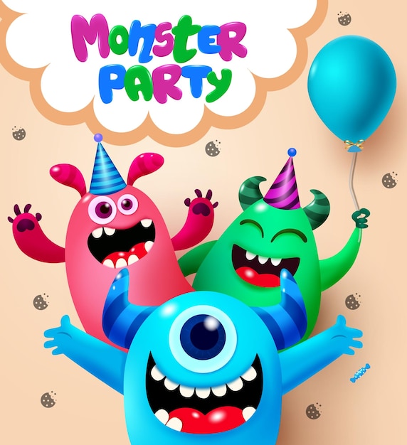 Vettore disegno vettoriale di cartoni animati mostri testo del partito dei mostri nella bolla vocale con il concetto di mostro cattivo
