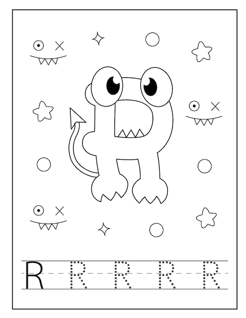 Monster character alphabet coloring pages for children