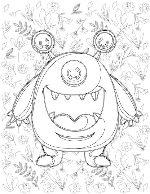 Monster Coloring Page, Monster Vector, Monster White and Black, Monster Coloring for Kids