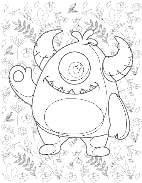 Monster Coloring Page, Monster Vector, Monster White and Black, Monster Coloring for Kids