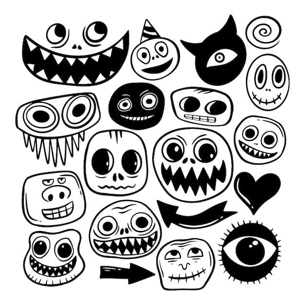 Vector monster cute doodle collectie set met de hand getekend zwart-wit premium vector