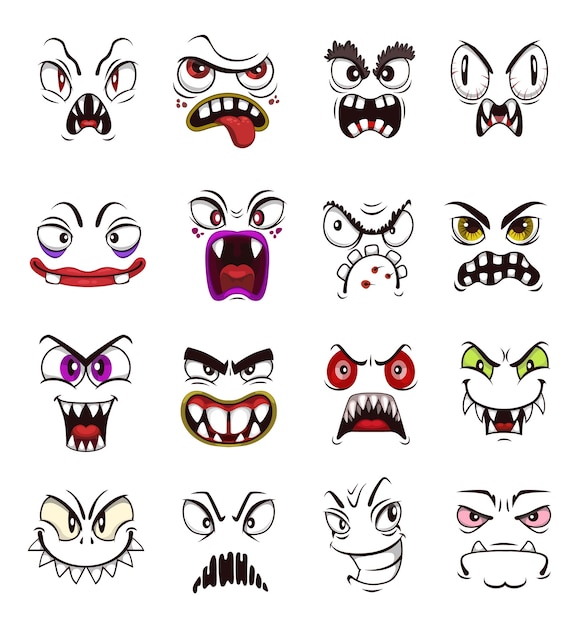 向量怪物脸emoji卡通与可怕。万圣节恐怖怪物,令人毛骨悚然的魔鬼或恶魔,邪恶的吸血鬼,鬼和野兽令人毛骨悚然的微笑,牙齿和愤怒的眼睛