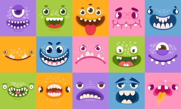 Vector monster faces. funny cartoon monsters heads, eyes and mouths. scary characters for kids. halloween monsters or aliens emotions vector set. devil cute head, halloween beast scary illustration