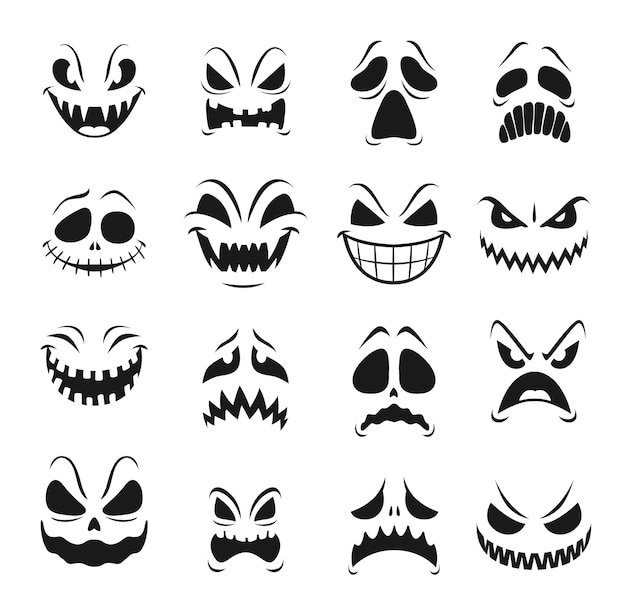 Monster faces  set of halloween horror holiday. scary emojis of angry zombie, devil and demon, ghost, vampire and alien, spooky creatures with evil eyes, teeth and creepy smiles