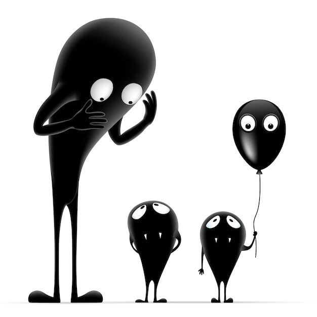 검은 풍선과 함께 괴물 가족. 세 귀여운 검은 괴물. 할로윈 그림입니다.