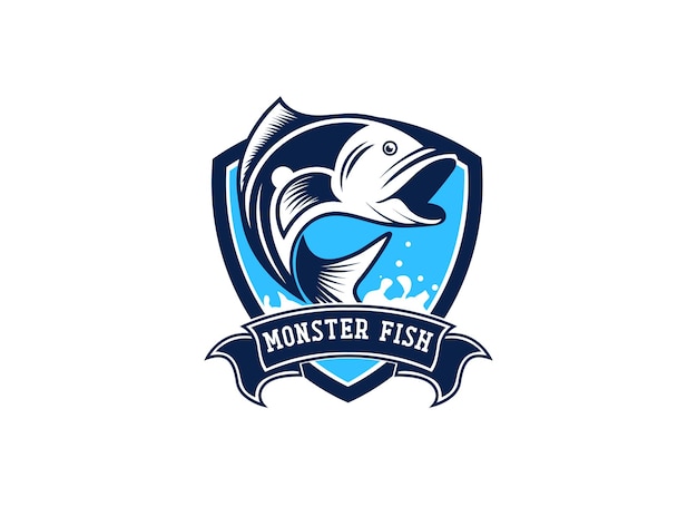 Monster fish emblem logo fishing logo design template