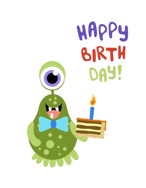 Vector monster green monocular monster with piece of cake happy birthday flat cartoon vector