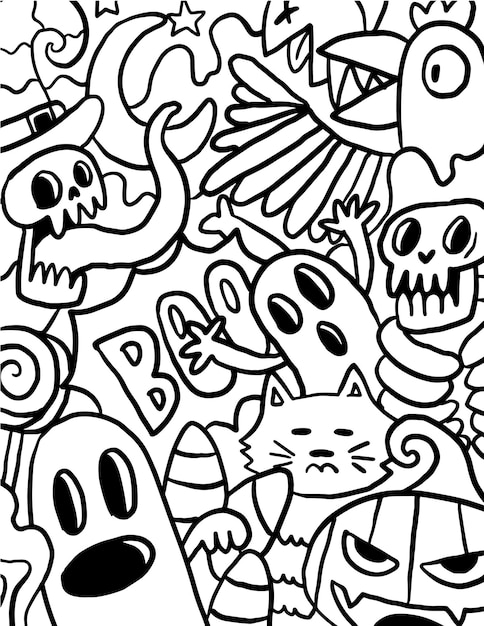 Monster halloween doodle coloring page