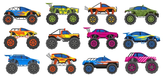 Monster heavy trucks, extreme race large wheels cars. Extreme show heavy cars, big wheels vehicles vector illustration set. Monster trucks transport