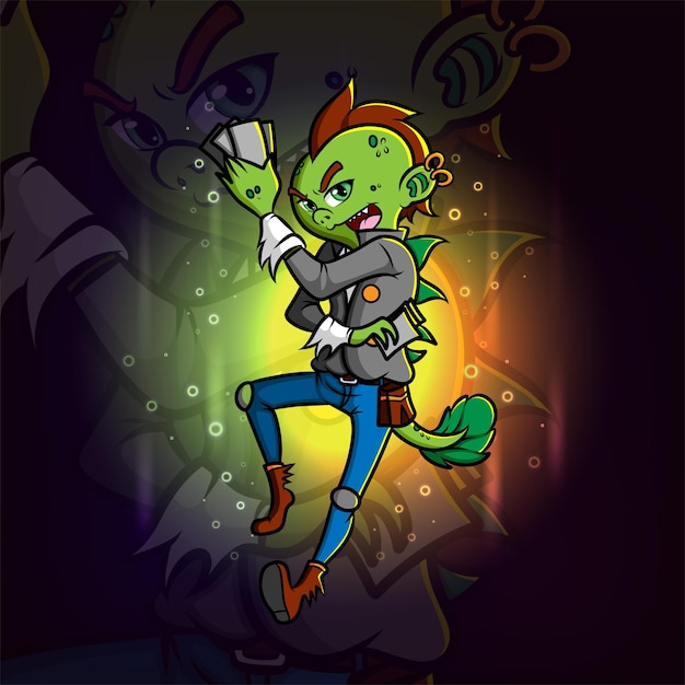 The monster iguana is holding cards and scary esport mascot design of illustration