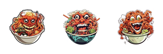 Monster in een kom noedels Monster ramen Cartoon vectorillustratie