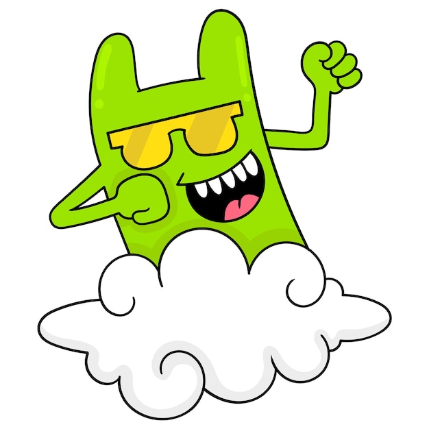 A monster is riding a white cloud flying into the sky, vector illustration art. doodle icon image kawaii.