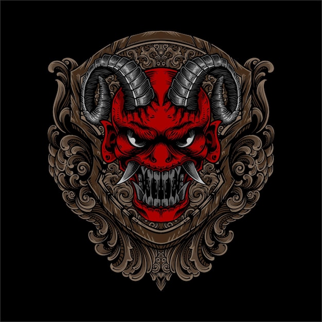 Vector monster mask with horns and ornament background and shield