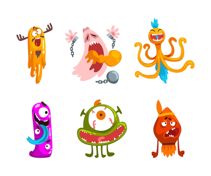 Vector monster met wijd geopende tandige mond in angstaanjagende pose vector set