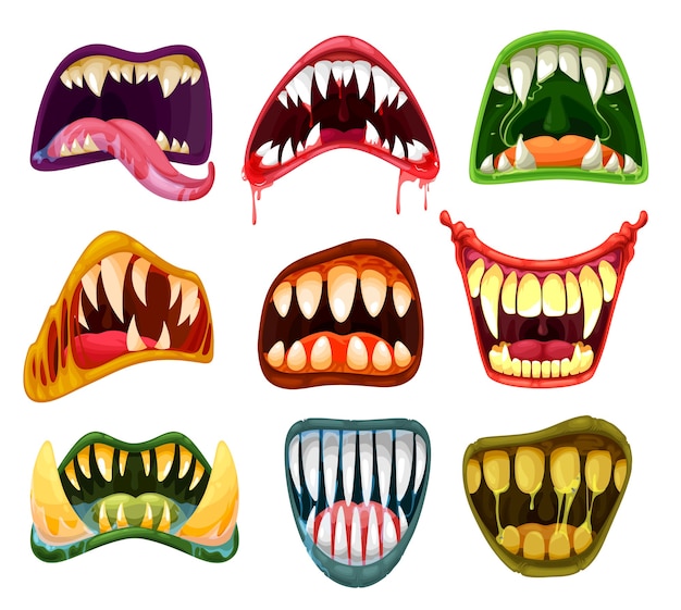 Vector monster mouths and teeth cartoon  set of halloween scary beasts. horror smiles, crazy laugh, tongues, salvia, blood and fangs of creepy alien, vampire and devil, dracula, demon and zombie