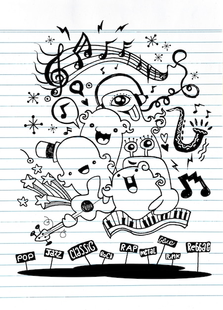 Вектор Музыкальная группа монстров, играющая music.doodle style