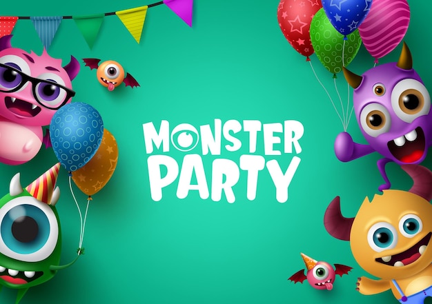 Monster party achtergrond sjabloon met vector tekens Monster party tekst in lege ruimte