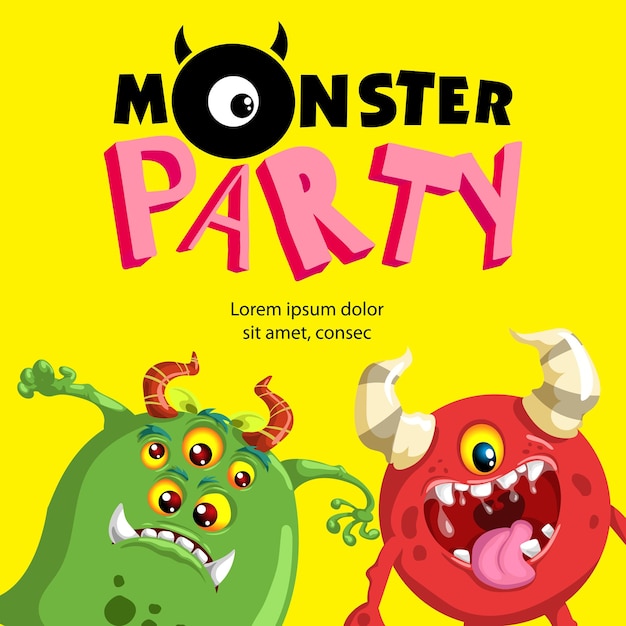 Modello di progettazione banner monster party simpatico cartone animato mostro mascotte migliore per inviti biglietti di auguri ecc. illustrazione vettoriale