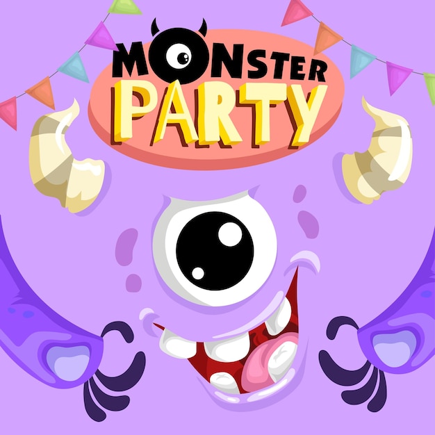 Monster party banner template with big face funny monster happy birthday greeting or invitation design template for anniversary in cartoon style vector illustration