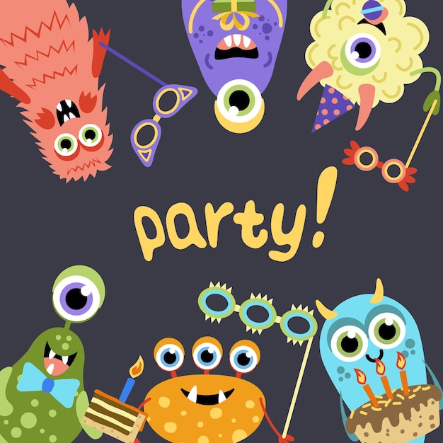 Monster party card Monsters with carnival elements cake mask Flat cartoon vector