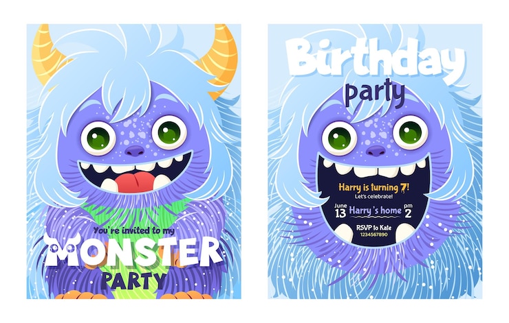Monster party invitation set Happy Birthday greeting cards Festive postcards