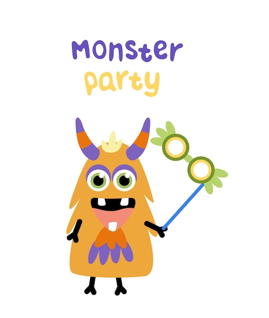 Monster party Jolly orange monster with antler and carnival mask Flat cartoon vector